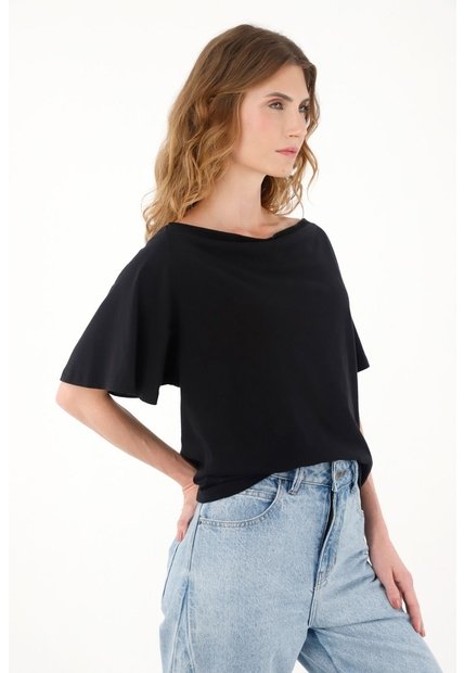 Tennis Camiseta Negra Con Escote Drapeado Para Mujer