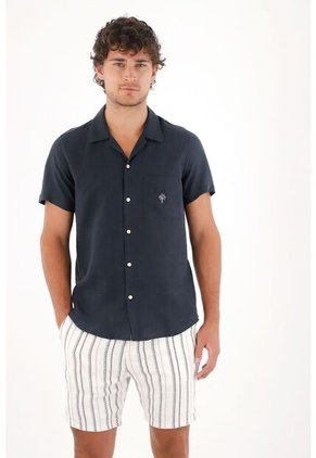 Tennis Camisa En 100% Lino Azul Con Acabado Suave Para Hombre