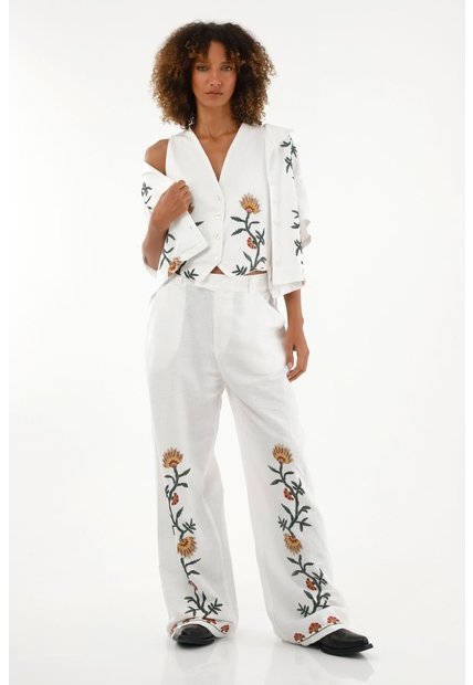 Tennis Pantalón Recto De Tiro Medio Con Bordados Para Mujer