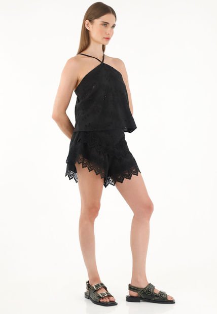 Bermuda Negra De Ojalillo Con Boleros Para Mujer
