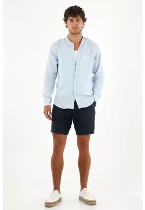 Tennis Camisa En 100% Lino Azul Con Detalle Fruncido Para Hombre