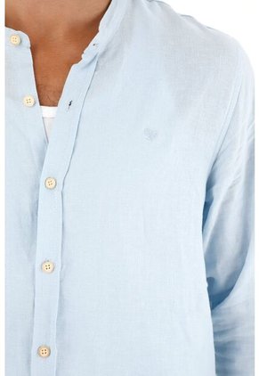 Tennis Camisa En 100% Lino Azul Con Detalle Fruncido Para Hombre
