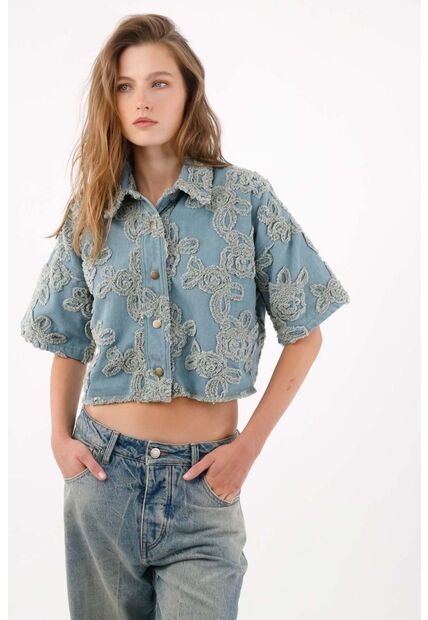 Tennis Camisa Boxy Crop Con Apliques Florales En Algodón Azul Para Mujer