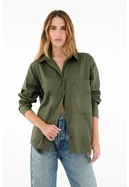 Camisa Verde Con Bolsillos Delanteros Para Mujer