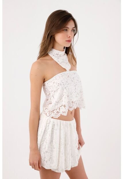 Tennis Top Crop Holgado Con Cuello Halter Cruzado En Encaje Blanco Para Mujer