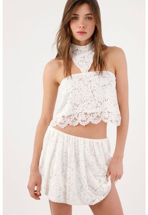 Tennis Top Crop Holgado Con Cuello Halter Cruzado En Encaje Blanco Para Mujer