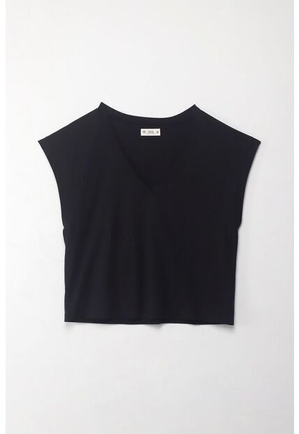 Tennis Camiseta Manga Sisa Negra Con Acabado Acanalado Para Mujer