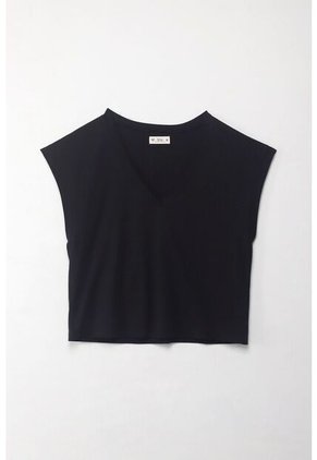 Tennis Camiseta Manga Sisa Negra Con Acabado Acanalado Para Mujer