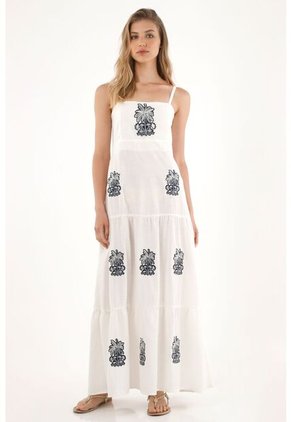Tennis Vestido Largo Con Vuelo Y Apliques Bordados Crudo De Silueta Ajustada Para Mujer