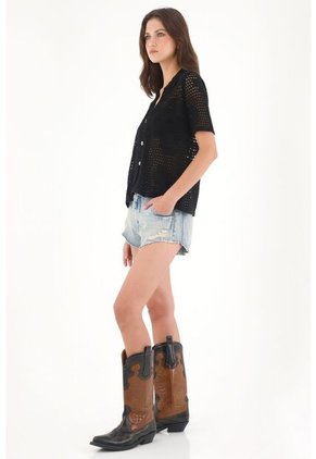 Tennis Camisa En Tejido Abierto Con Flores Negra Para Mujer