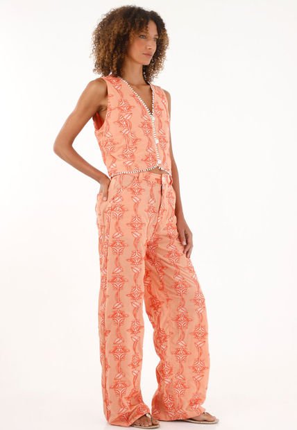 Pantalón Recto Naranja Con Bordado Para Mujer