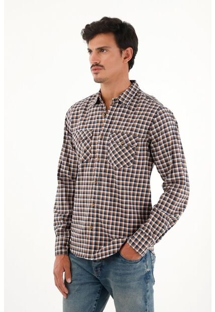 Tennis Camisa Leñadora Con Botones En Madera Café Para Hombre