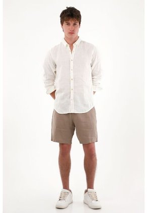 Tennis Camisa En 100% Lino Manga Larga Crudo Con Textura Lisa Para Hombre