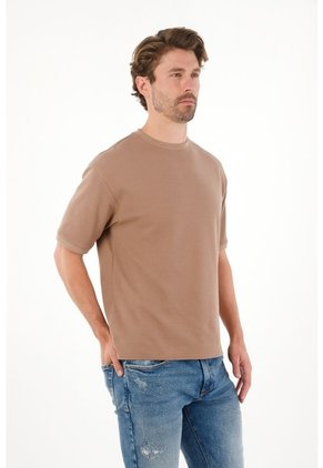Tennis Camiseta Relaxed Con Textura Piqué En Algodón Camel Para Hombre