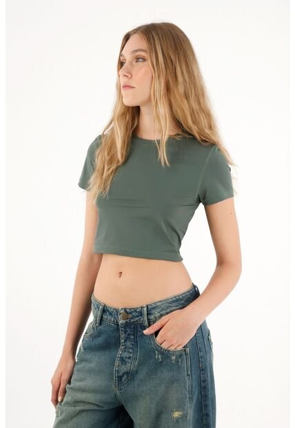 Camiseta Manga Corta Ajustada Gris Para Mujer