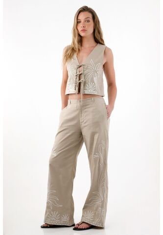 Pantalón Wide Leg Bordado Crudo Para Mujer Tennis