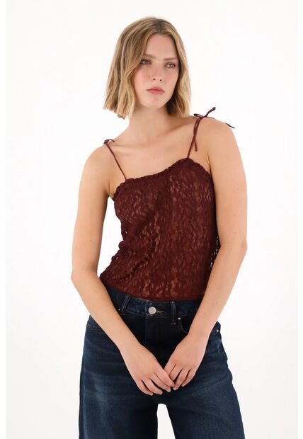 Tennis Camiseta En Tela Tipo Blonda Con Transparencia Roja Para Mujer