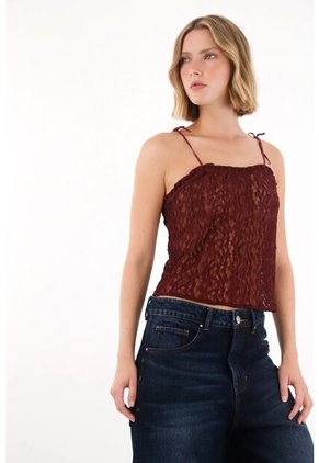 Tennis Camiseta En Tela Tipo Blonda Con Transparencia Roja Para Mujer