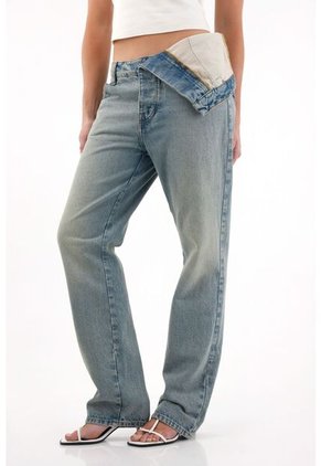 Tennis Jean Recto De Tiro Medio Con Doblez En Pretina Azul Para Mujer