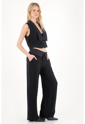 Tennis Pantalón Wide Leg Con Doblez En Pretina Negro Para Mujer