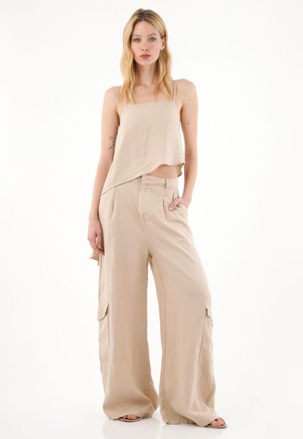 Pantalón Wide Leg En 100% Lino Café Para Mujer