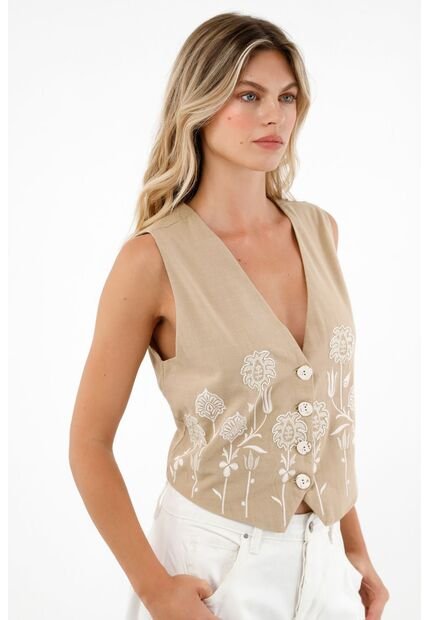 Chaleco Con Imitación Bordado Café Para Mujer