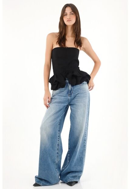 Tennis Camisa Strapless Con Corte Abombachado Negra Para Mujer