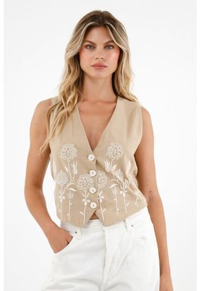 Chaleco Con Imitación Bordado Café Para Mujer