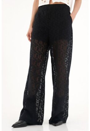 Tennis Pantalón Recto Negro En Encaje Para Mujer