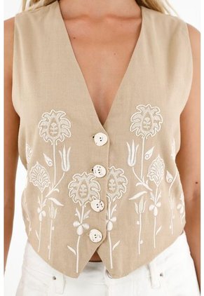 Chaleco Con Imitación Bordado Café Para Mujer