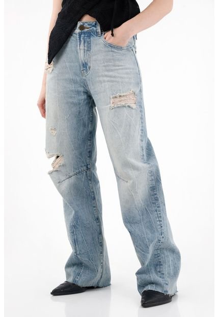 Jean Wide Leg Tiro Alto Con Rotos Para Mujer