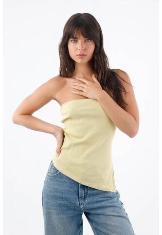 Tennis Top Strapless Para Mujer De Algodón Amarillo Pastel Fit Ceñido Con Tejido Acanalado Tennis