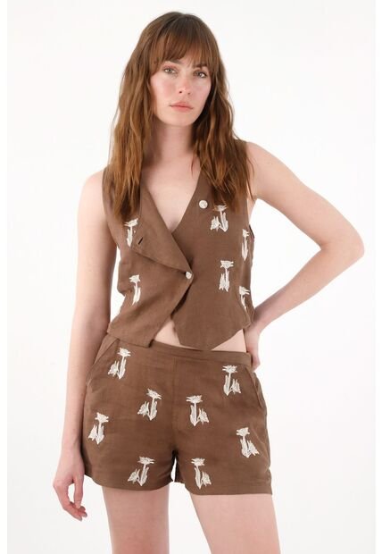 Tennis Chaleco En 100% Lino Con Bordado Café Para Mujer