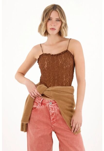 Tennis Camiseta En Tela Tipo Blonda Con Transparencia Café Para Mujer