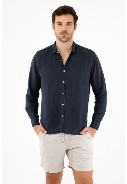 Tennis Camisa Manga Larga Azul 100% Lino Para Hombre