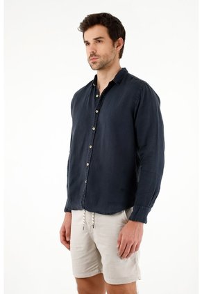 Tennis Camisa Manga Larga Azul 100% Lino Para Hombre