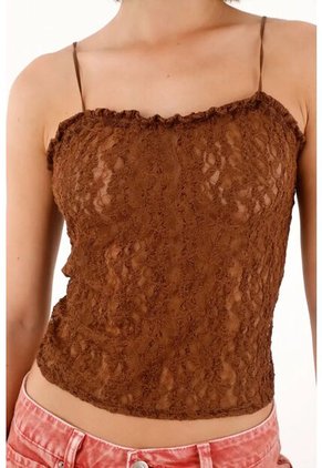 Tennis Camiseta En Tela Tipo Blonda Con Transparencia Café Para Mujer