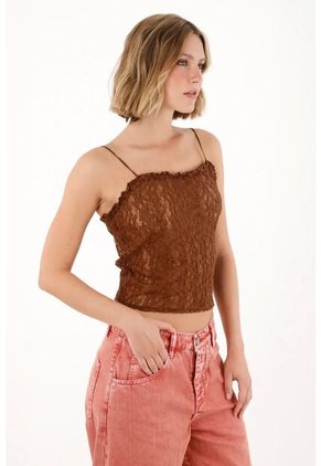 Tennis Camiseta En Tela Tipo Blonda Con Transparencia Café Para Mujer