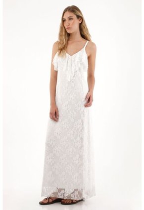 Tennis Vestido Largo En Encaje Con Escote En V Crudo Para Mujer