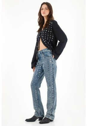 Tennis Jean Recto De Tiro Medio Con Apliques De Brillo Para Mujer