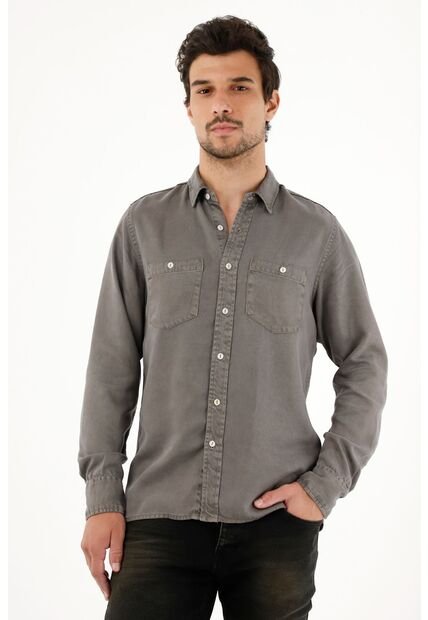 Tennis Camisa Clásica Gris Con Bolsillos Delanteros Para Hombre