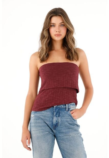 Camiseta Strapless Roja Con Escote Elástico Para Mujer
