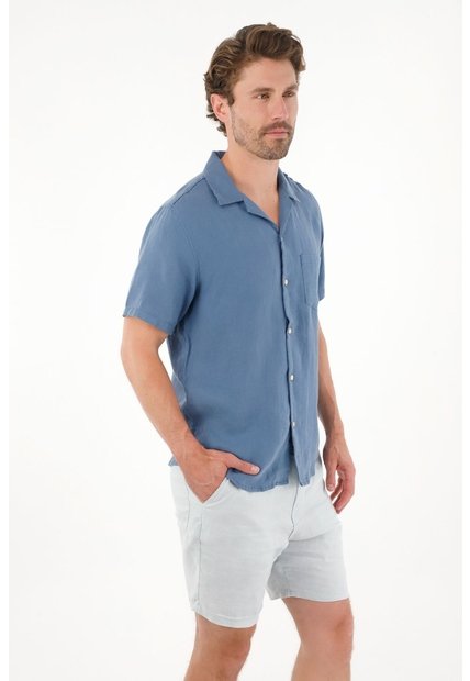 Tennis Camisa Manga Corta En 100% Lino Azul Para Hombre