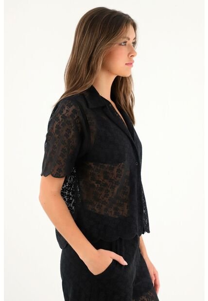 Tennis Camisa Tipo Bowling En Encaje Negra Para Mujer