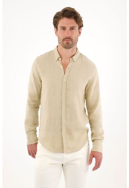 Camisa En 100% Lino Manga Larga Verde Para Hombre