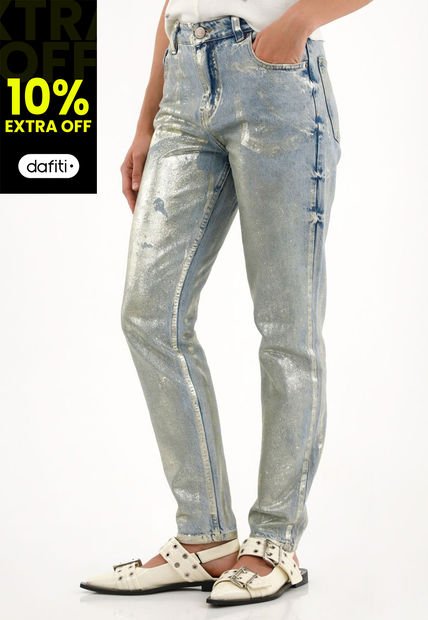 Jean Mom Tiro Alto Efecto Foil Dorado Para Mujer