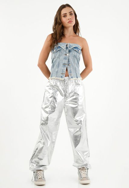 Pantalón Efecto Metalizado Gris Para Mujer