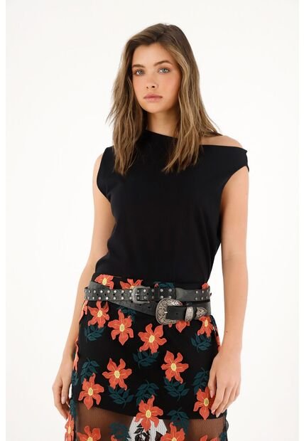 Tennis Camiseta Negra De Manga Sisa Asimétrica Para Mujer