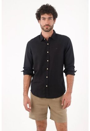 Tennis Camisa Para Hombre Lino Negro Corte Regular Con Botones Claros
