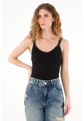 Tennis Camiseta Negra En Rib Manga Sisa Para Mujer